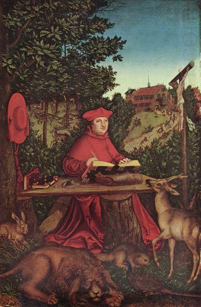 Portrat des Kardinal Albrecht von Brandenburg als Hl Hieronymus im Grunen, Lucas Cranach